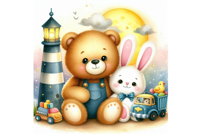 cute-toy-bear-and-toy-bunny-illustration