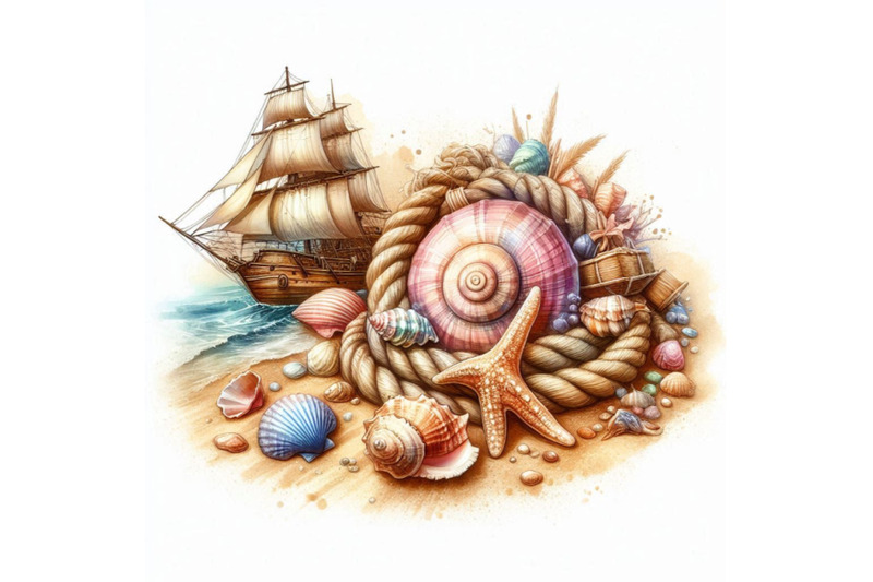 seashell-and-sea-ship-rope-with-sea-sand