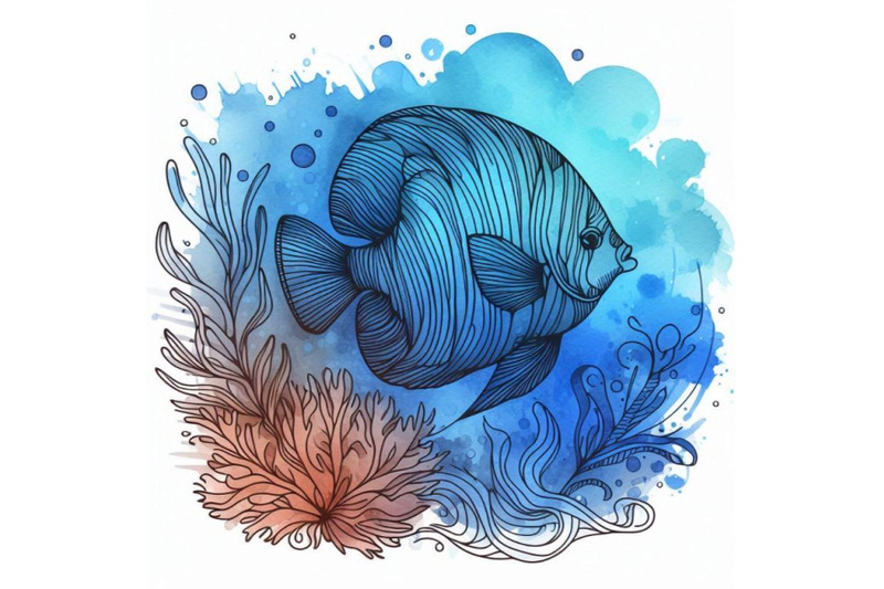 sea-fish-watercolor-illustration-and-blue-bru