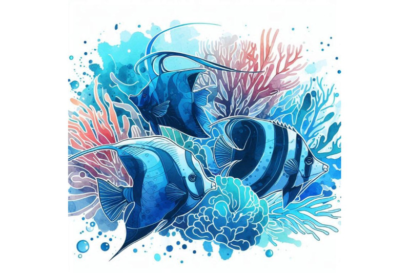 sea-fish-watercolor-illustration-and-blue-bru