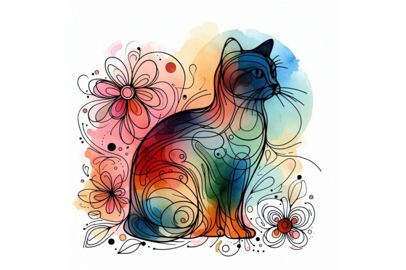 cat-watercolor-cat-flower-watercolor-bac