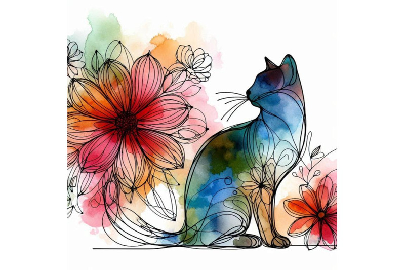 cat-watercolor-cat-flower-watercolor-bac