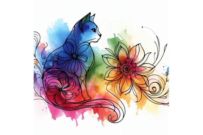 cat-watercolor-cat-flower-watercolor-bac