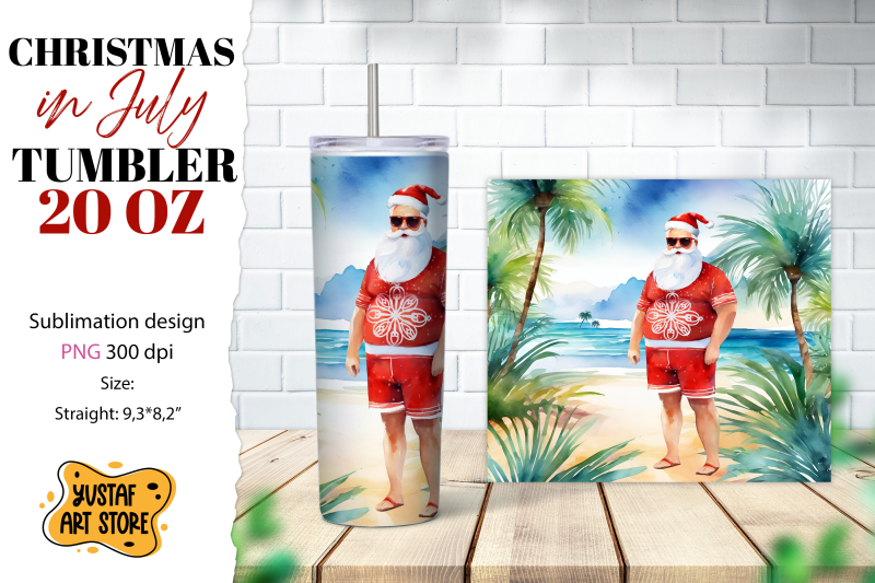 christmas-in-july-tumbler-sublimation-santa-on-the-beach