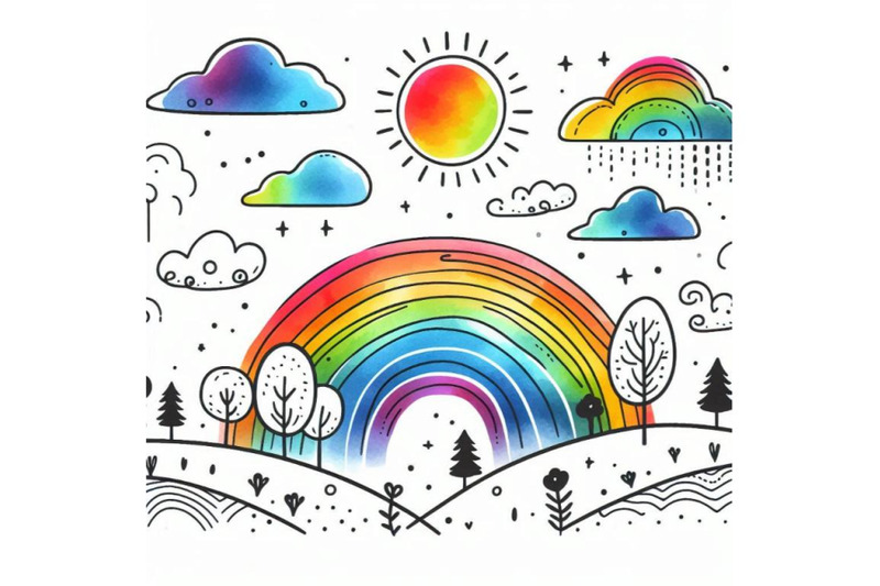 cute-cartoon-watercolor-rainbow-landscap