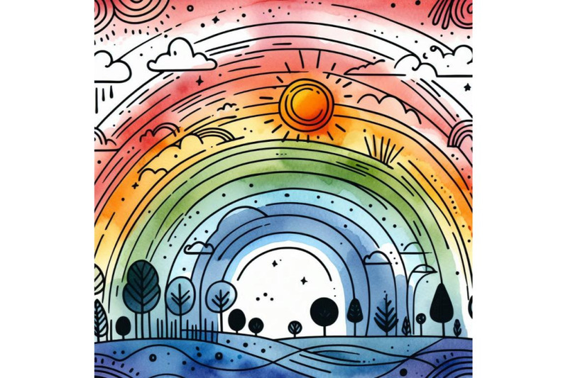 cute-cartoon-watercolor-rainbow-landscap