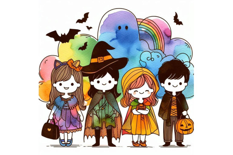 watercolor-cute-kids-in-colorful-halloween