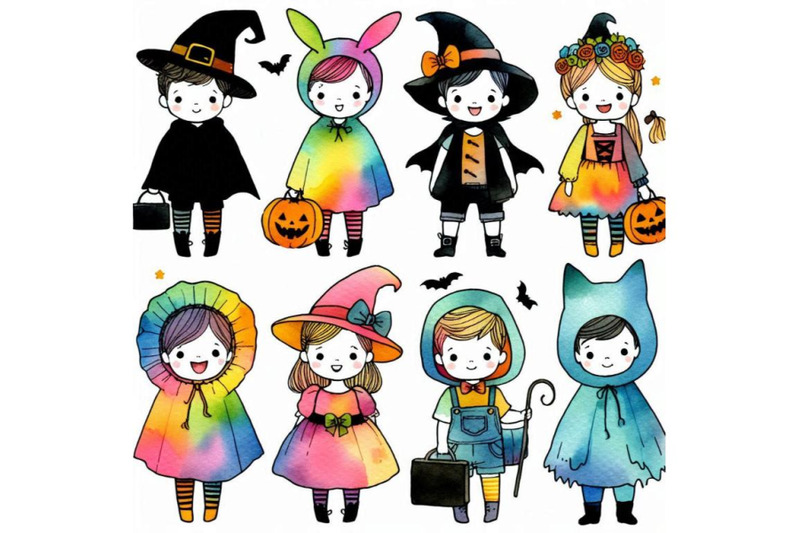 watercolor-cute-kids-in-colorful-halloween