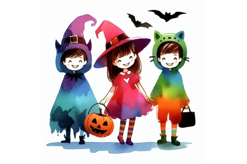 watercolor-cute-kids-in-colorful-halloween