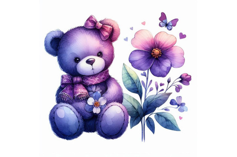 toy-teddy-bear-and-flower-violet-watercolo