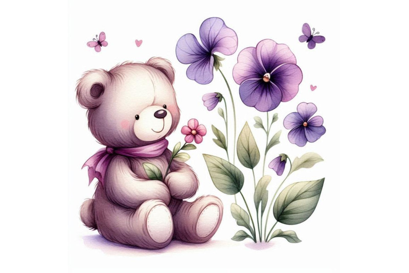 toy-teddy-bear-and-flower-violet-watercolo