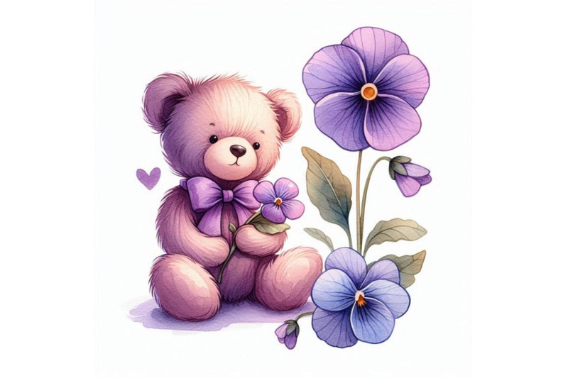 toy-teddy-bear-and-flower-violet-watercolo