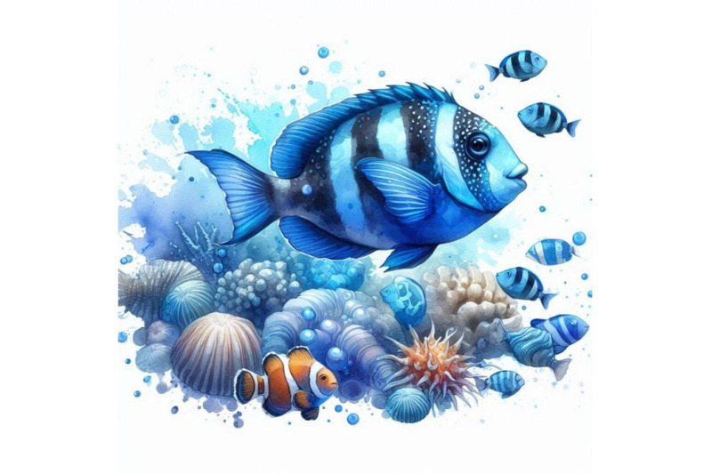 sea-fish-watercolor-illustration-and-blue-brush-stroke-backgr