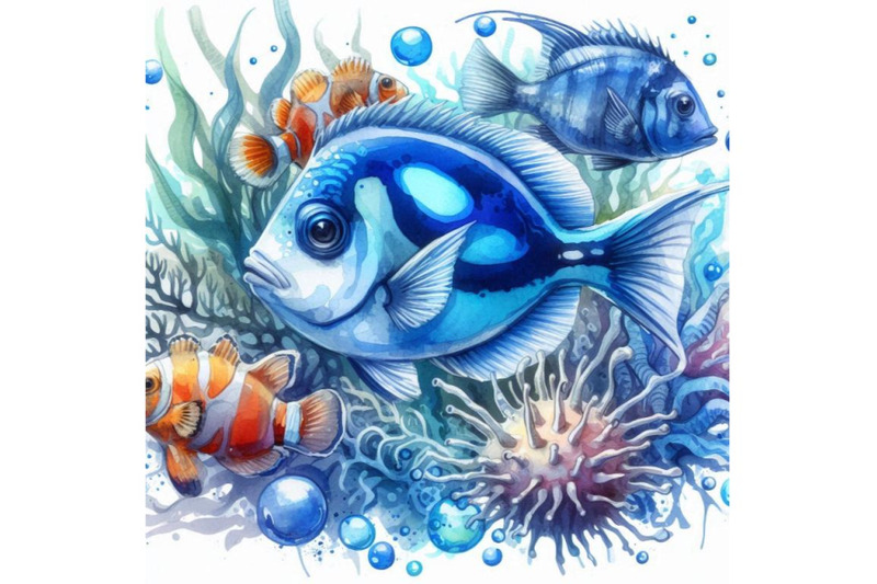 sea-fish-watercolor-illustration-and-blue-brush-stroke-backgr