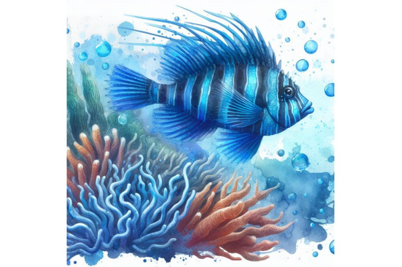 sea-fish-watercolor-illustration-and-blue-brush-stroke-backgr