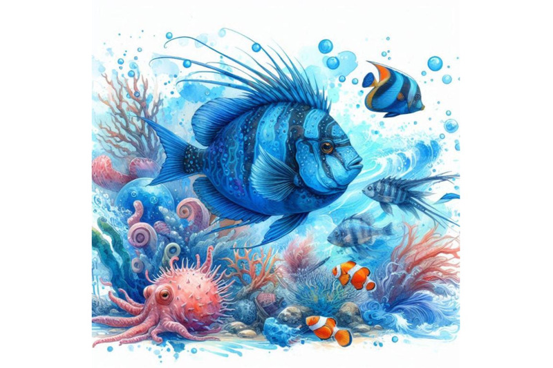 sea-fish-watercolor-illustration-and-blue-brush-stroke-backgr