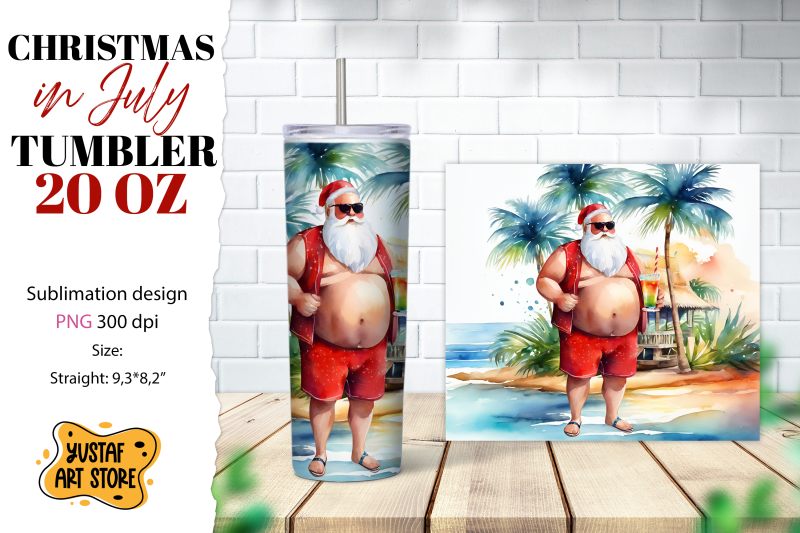 christmas-in-july-tumbler-sublimation-santa-on-the-beach