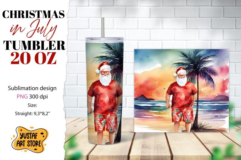 christmas-in-july-tumbler-sublimation-santa-on-the-beach