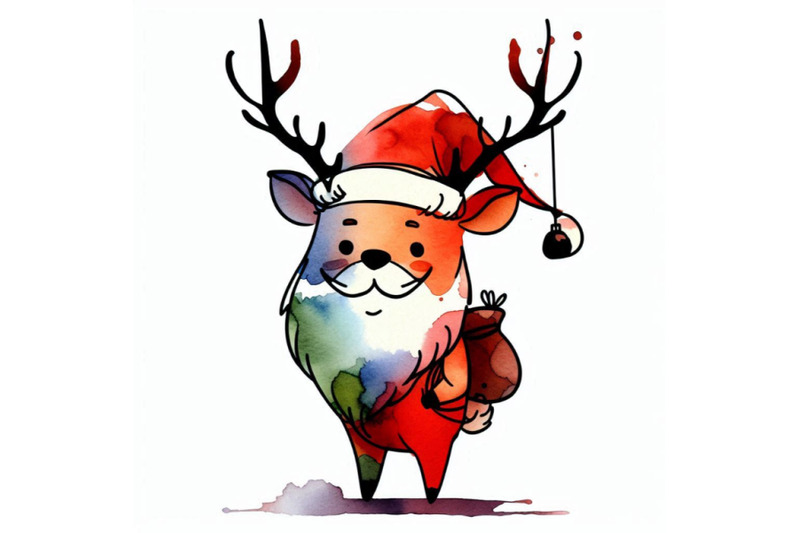 funny-deer-santa-claus-watercolor-illustration