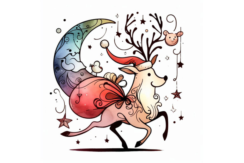 funny-deer-santa-claus-watercolor-illustration