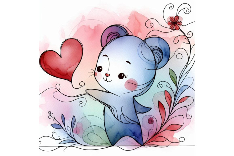 cute-animal-and-valentine-red-heart-watercolor