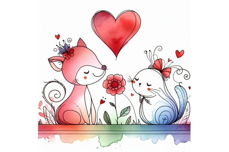 cute-animal-and-valentine-red-heart-watercolor