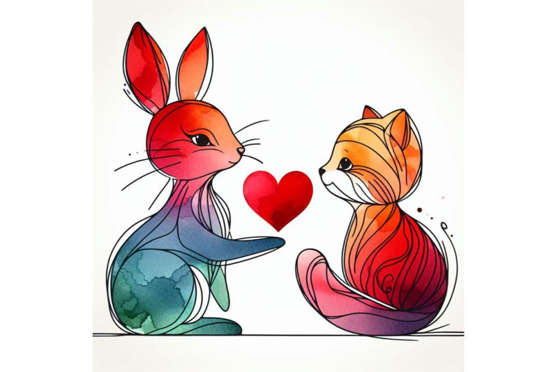 cute-animal-and-valentine-red-heart-watercolor