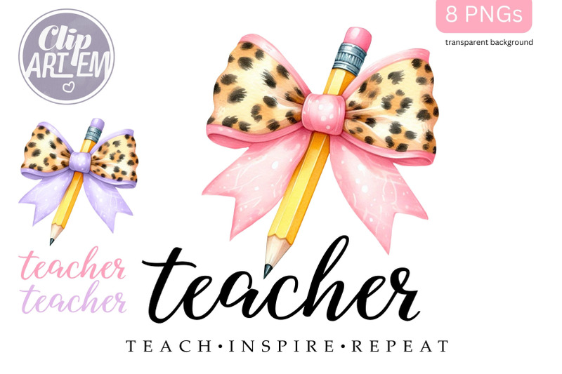 coquette-teacher-pencil-with-bow-pink-leopard-pattern-8-pngs-bundle