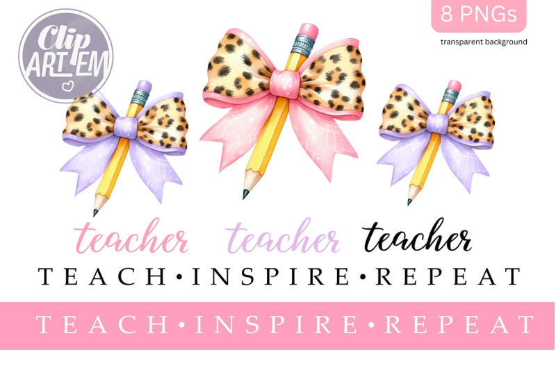 coquette-teacher-pencil-with-bow-pink-leopard-pattern-8-pngs-bundle