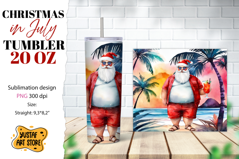 christmas-in-july-tumbler-sublimation-santa-on-the-beach