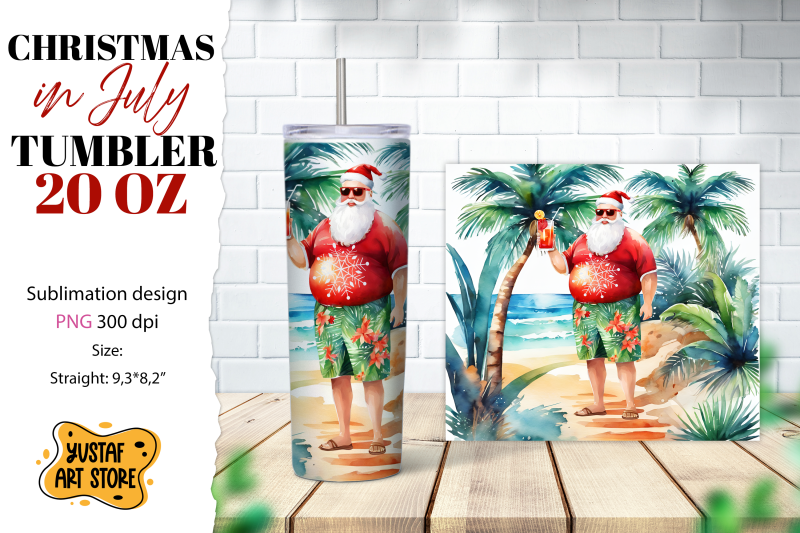 christmas-in-july-tumbler-sublimation-santa-on-the-beach