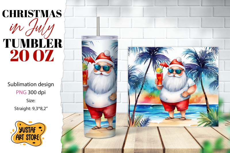 christmas-in-july-tumbler-sublimation-santa-on-the-beach