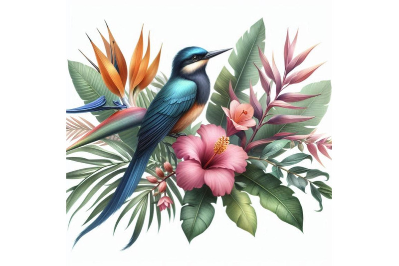 tropical-flowers-leaves-and-bird