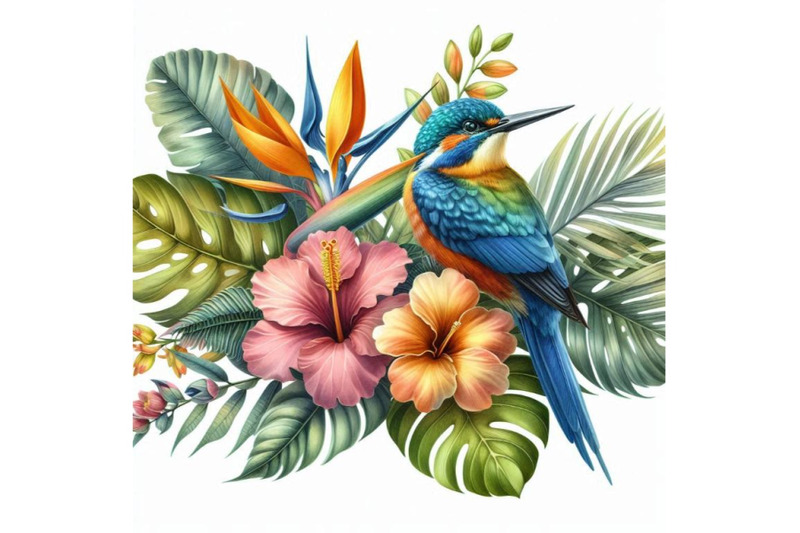 tropical-flowers-leaves-and-bird