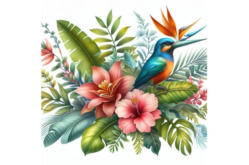 tropical-flowers-leaves-and-bird