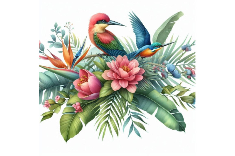 tropical-flowers-leaves-and-bird