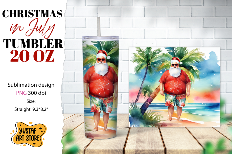 christmas-in-july-tumbler-sublimation-santa-on-the-beach