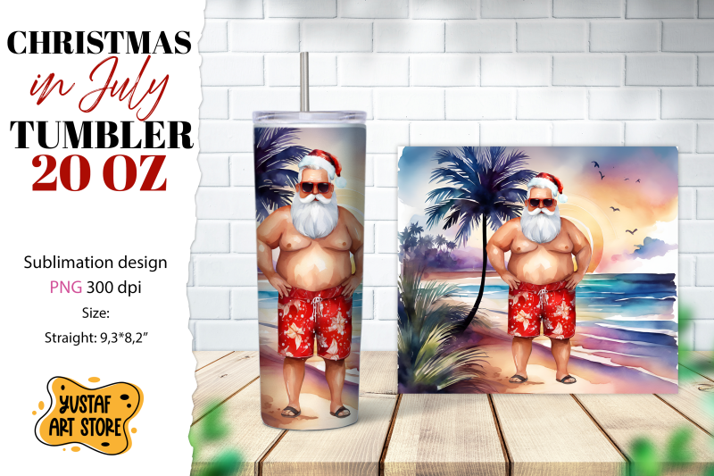 christmas-in-july-tumbler-sublimation-santa-on-the-beach