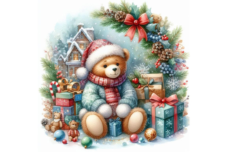 new-year-toy-bear-christmas-background-watercolor-illustra