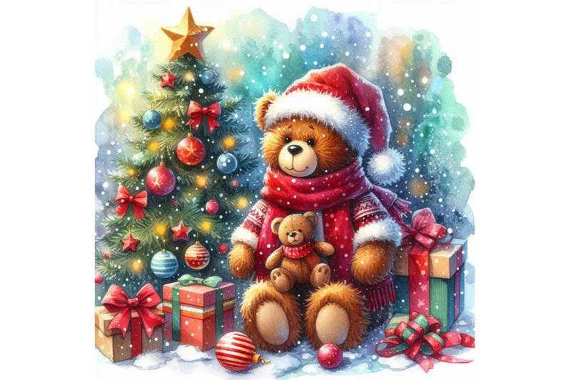 new-year-toy-bear-christmas-background-watercolor-illustra