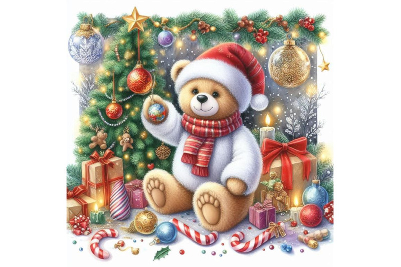 new-year-toy-bear-christmas-background-watercolor-illustra