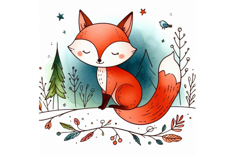 cute-watercolor-cartoon-fox-forest