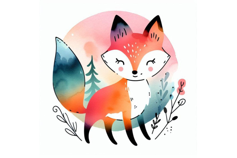 cute-watercolor-cartoon-fox-forest