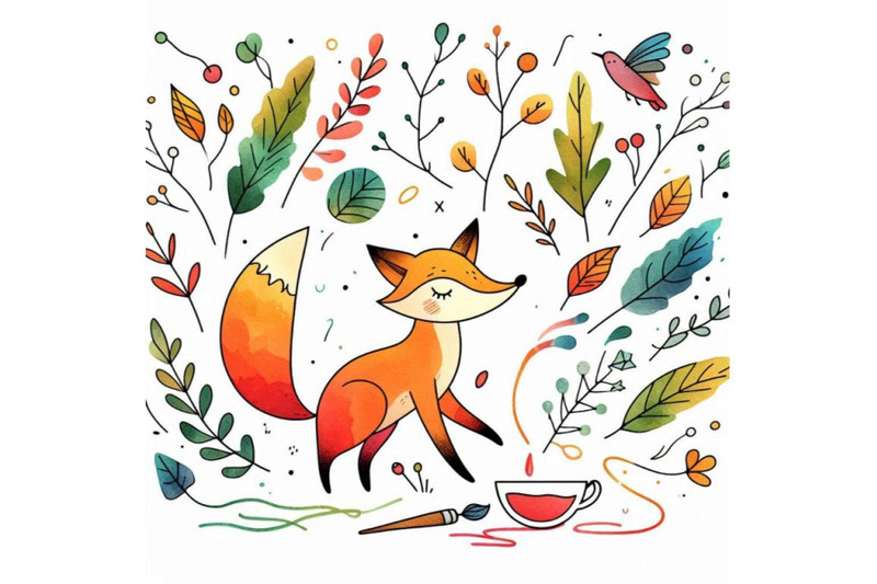 cute-watercolor-cartoon-fox-forest