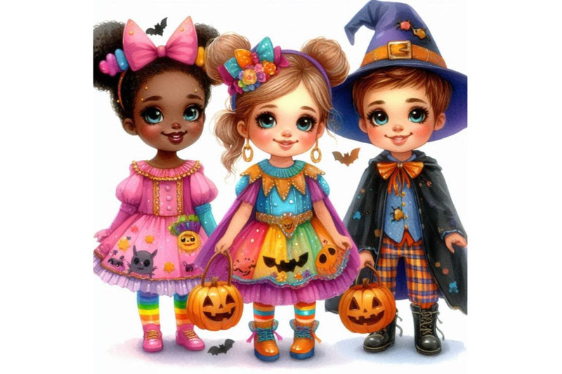 watercolor-cute-kids-in-colorful-halloween-costumes-happy