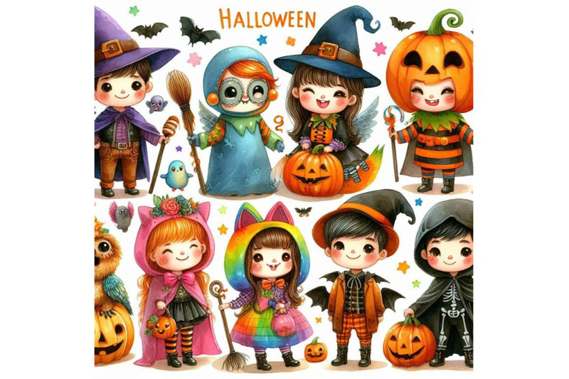 watercolor-cute-kids-in-colorful-halloween-costumes-happy