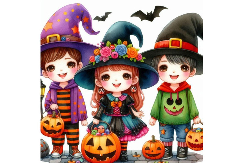 watercolor-cute-kids-in-colorful-halloween-costumes-happy