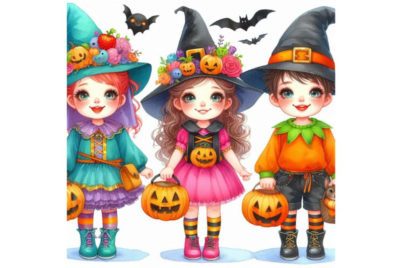 watercolor-cute-kids-in-colorful-halloween-costumes-happy