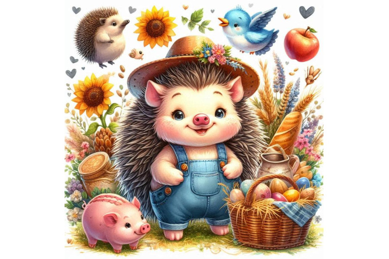 cartoon-farm-animal-illustration-cute-watercolor-hedgehog