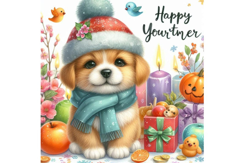 dog-year-greeting-card-cute-puppy-watercolor-illustration